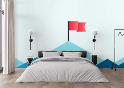 Flag on the mountain peak. Flat style illustration Wall mural