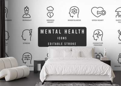 Mental health line icon set. Anxiety, stress, psychology, brain etc symbols. Editable stroke Wall mural