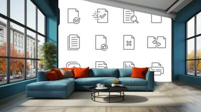 Set of document related line icons. File, page, form, report, search, list etc. Editable stroke Wall mural