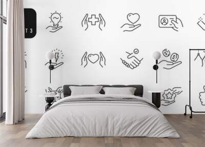 Set of hands line icons pack 3. Thumb, service, payment, idea etc. Editable stroke Wall mural