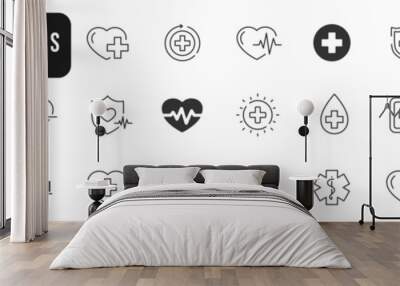 Set of medical symbols line icons. Health, hospital, symbol, ambulance, heart etc. Editable stroke Wall mural