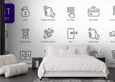 Set of payment methods line icons. Card, money, bank, cash, wallet etc. Editable stroke Wall mural