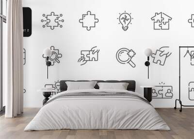 Set of puzzle line icons set 2. Jigsaw, solution, solve, piece, idea, team etc. Editable stroke Wall mural