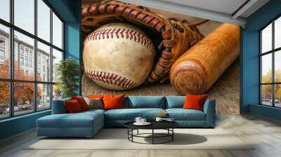 Baseball, baseball glove, baseball bat Wall mural