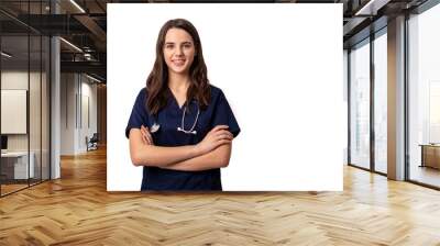 cheerful young female doctor with stethoscope over neck looking at camera isolated on white Wall mural