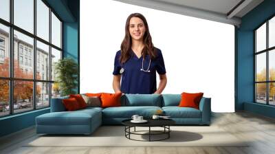 cheerful young female doctor with stethoscope over neck looking at camera isolated on white Wall mural