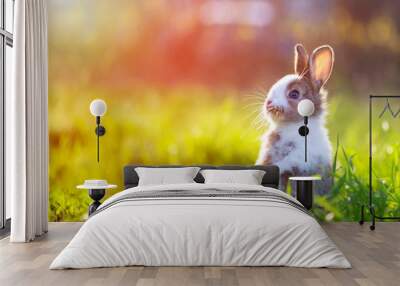 Cute little bunny in grass with ears up looking away Wall mural