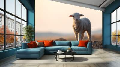 cute little lamb on fresh spring green meadow during sunrise Wall mural