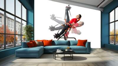 Man doing exercise on inversion table for his back pain, isolated on white. Multiple positions. Wall mural