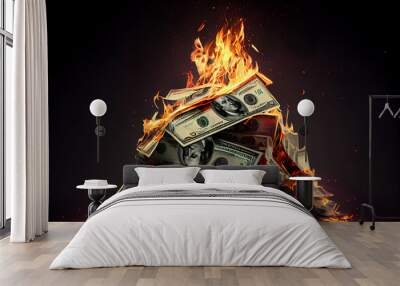 A burning pile of dollar bills symbolizing financial losses concept background, generative AI digital art. Wall mural