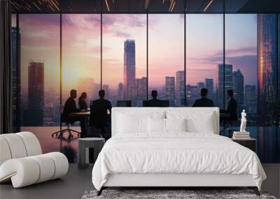 A group of men are sitting at a conference table in a large office building Wall mural