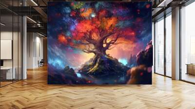 Beautiful illustration of a huge mystical tree in a fantasy world. Generative AI. Wall mural