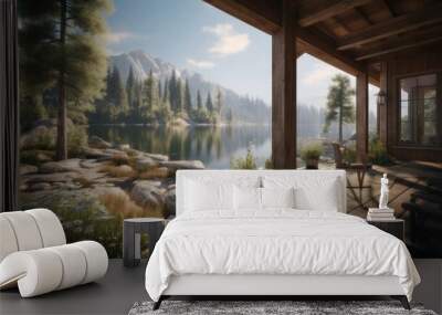 Beautiful lake and garden of a nice cozy house. Generative AI illustration. Wall mural