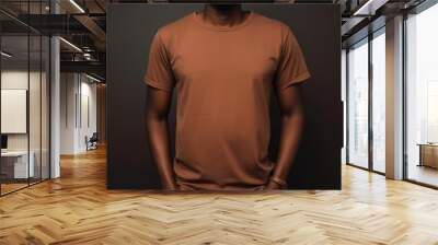 Black man model wearing a plain brown short sleeved t-shirt, isolated on a blank background. Mock-up, torso only. Generative AI illustration. Wall mural