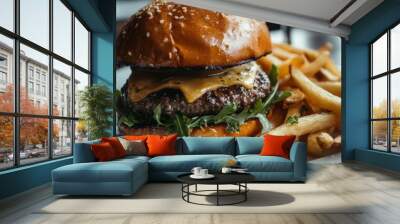 Classic Cheeseburger with Arugula and Fries. Generative AI. Wall mural