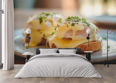 Classic Eggs Benedict with Hollandaise Sauce and Fresh Herbs. Generative AI. Wall mural