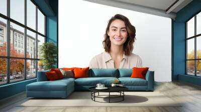 close-up portrait of a happy fictional woman with brown hair smiling. isolated on a plain background Wall mural