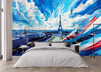 Colorful Illustration of Paris Skyline for Olympics. Generative AI. Wall mural