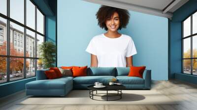 Fictional young afro woman model wearing a plain white t-shirt. Isolated on colored background. Generative AI illustration. Wall mural