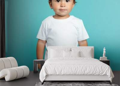 Fictional young toddler wearing a plain white t-shirt. Isolated on colored background. Generative AI illustration. Wall mural