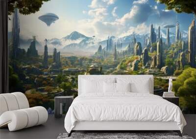 Futuristic green eco-friendly utopic city concept. Generative AI illustration. Wall mural