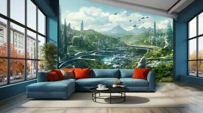 Futuristic utopia megacity concept. Green eco friendly metropolis illustration. Generative AI. Wall mural