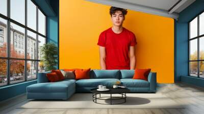 Handsome Asian Male Model in Red T-shirt. Generative AI. Wall mural