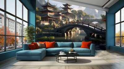 Oriental traditional architecture conceptual illustration. Village with pagoda temple in the mountains. Generative AI. Wall mural