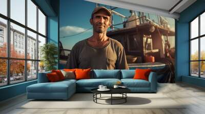 Portrait of a Fictional Fisherman Working on a Boat. Generative AI Illustration. Wall mural