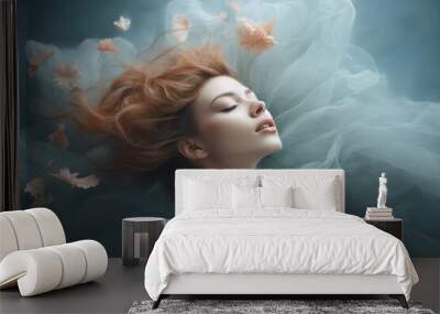 Portrait of a fictional woman with closed eyes. Calm peaceful peace of mind serene illustration. Generative AI. Wall mural