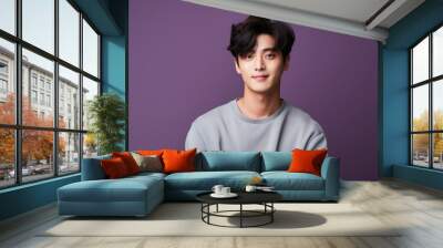 Portrait of a fictional young Korean man. Isolated on plain background. Generative AI illustration. Wall mural