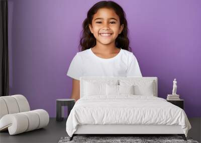 portrait of a happy young fictional child smiling. little girl wearing a white blank t-shirt. isolat Wall mural