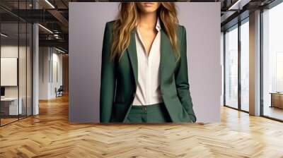 Portrait of an elegant brunette model wearing a dark green office blazer, isolated on a plain background. Generative AI illustration. Wall mural