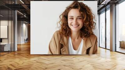 Smiling Woman with Curly Hair in Casual Outfit. Generative AI. Wall mural