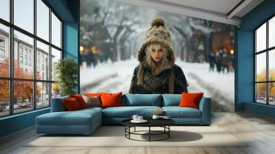 Street portrait of a beautiful fictional blonde woman wearing winter clothes in a snowing city street. Generative AI. Wall mural