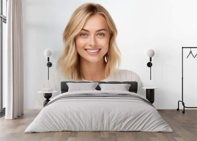 Young Attractive Fictional Swedish Model Portrait. Beautiful Woman with Blond Hair and Blue Eyes in Casual Shirt Smiling Isolated on a Plain White Background. Generative AI. Wall mural