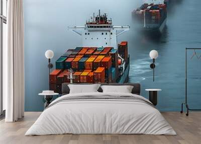 Cargo Ships in Foggy Sea - Realistic Image Wall mural