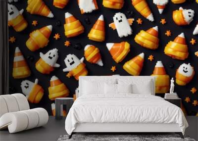 Halloween seamless background pattern with unique designs of candy corn, bats and ghosts, Wall mural