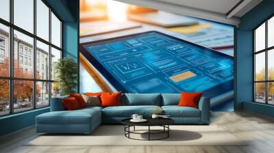 Modern Tablet with Blue Screen and UI Elements Wall mural