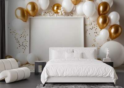 Pure white blank frame, surrounded by confetti and soft gold balloons, minimalist celebration background, elegant pure white celebration background banner poster header design and greeting card cover Wall mural