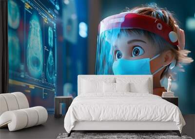 Young Cartoon Doctor with Face Shield and Mask Examining X-Ray Wall mural