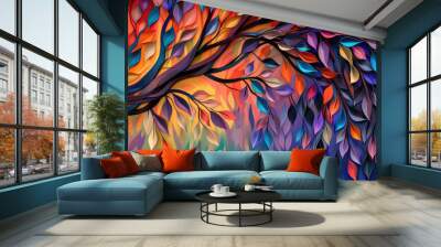 Elegant colorful tree with vibrant leaves hanging branches illustration background. Bright color 3d abstraction wallpaper for interior mural painting wall art decor. Ai	 Wall mural