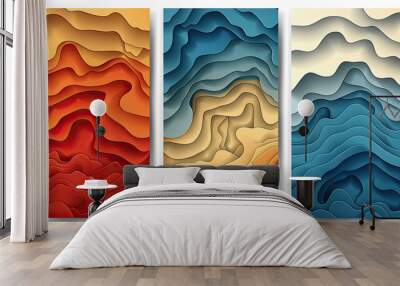 Set of three modern abstract wall art posters with flowing shapes in red, orange, and blue colors. Generative AI Wall mural