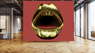 Golden lips, glamorous lipstick, gold on woman's mouth. Golden open mouth of young woman. Fashionable cosmetics, shocking makeup. Gold and luxury, rich sensual woman. Brilliant shiny lipstick kiss Wall mural