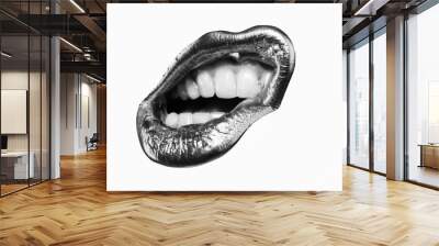 Lip icon. Golden lipstick in white and black concept. Sexy woman. Passion lip. Open mouth with white teeth. Isolated on white background. Wall mural