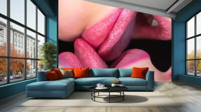 Passion and kiss between the girls. Two women lips close up. Kiss with tongue. Sexy feelings and intimacy. Homosexual couple. Lesbians Concept. Wall mural