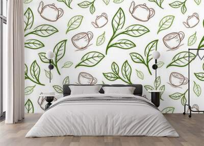 tea leaf with cup seamless pattern Wall mural