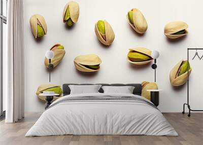 A set with Flying in air fresh raw whole and cracked pistachios isolated on white background Wall mural