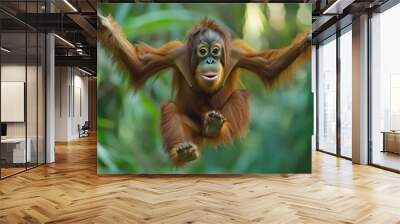 A Young Orangutan Hanging Upside Down in Lush Foliage Wall mural