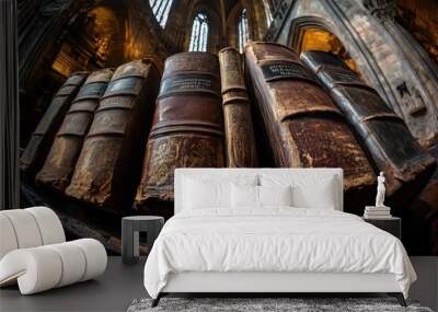 Antique Leather-Bound Books Resting on a Wooden Shelf Inside a Cathedral Wall mural